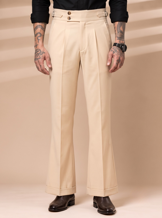 Cream Double Button Bootcut Gurkha Pant