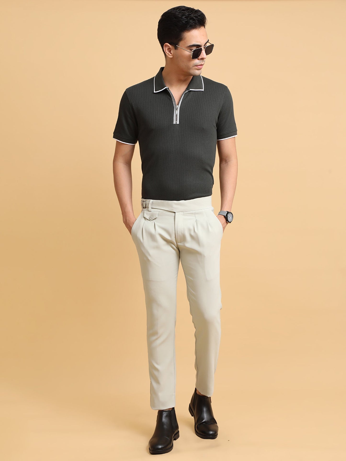 Beige Single Buckle Gurkha Trouser