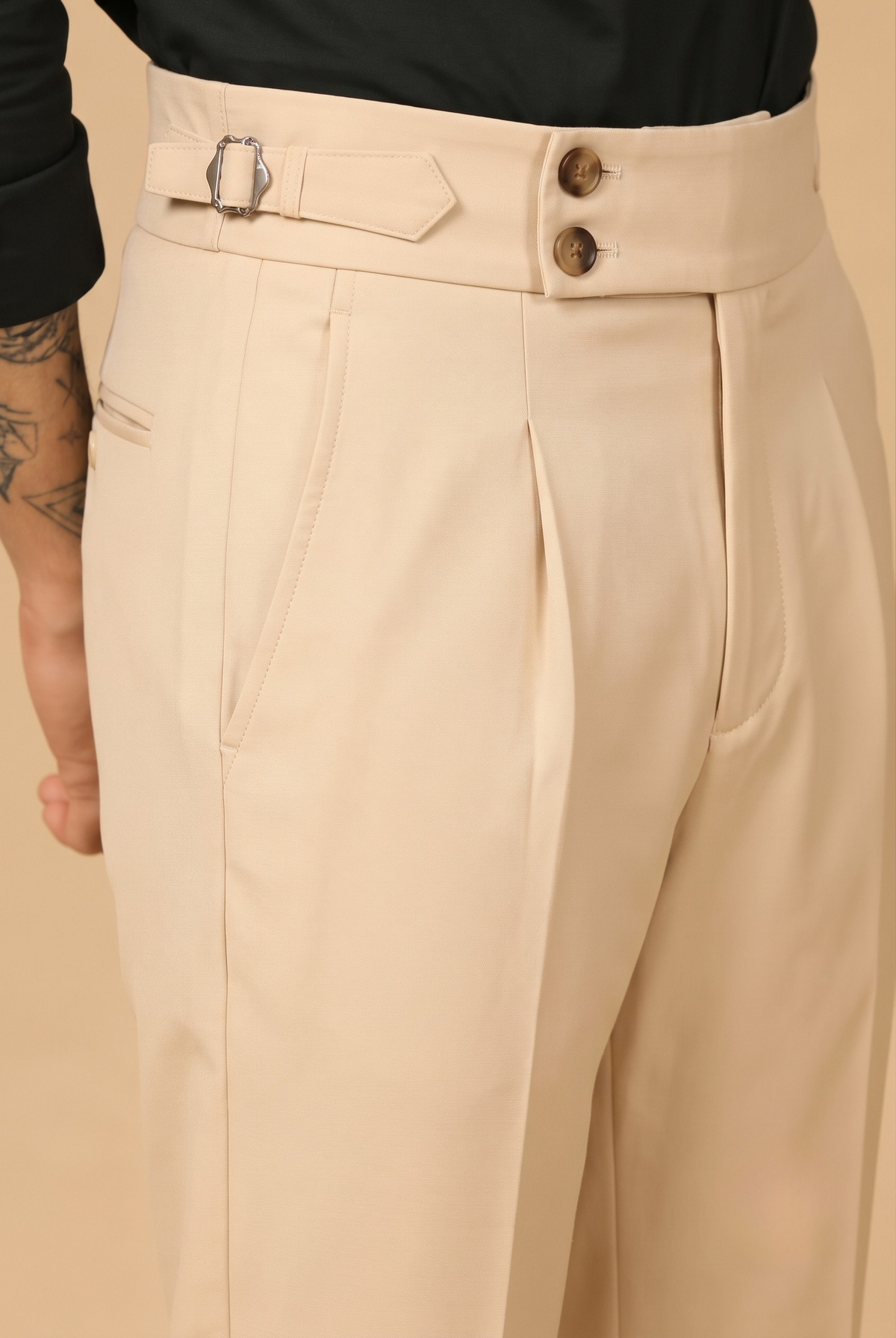 Cream Double Button Bootcut Gurkha Pant
