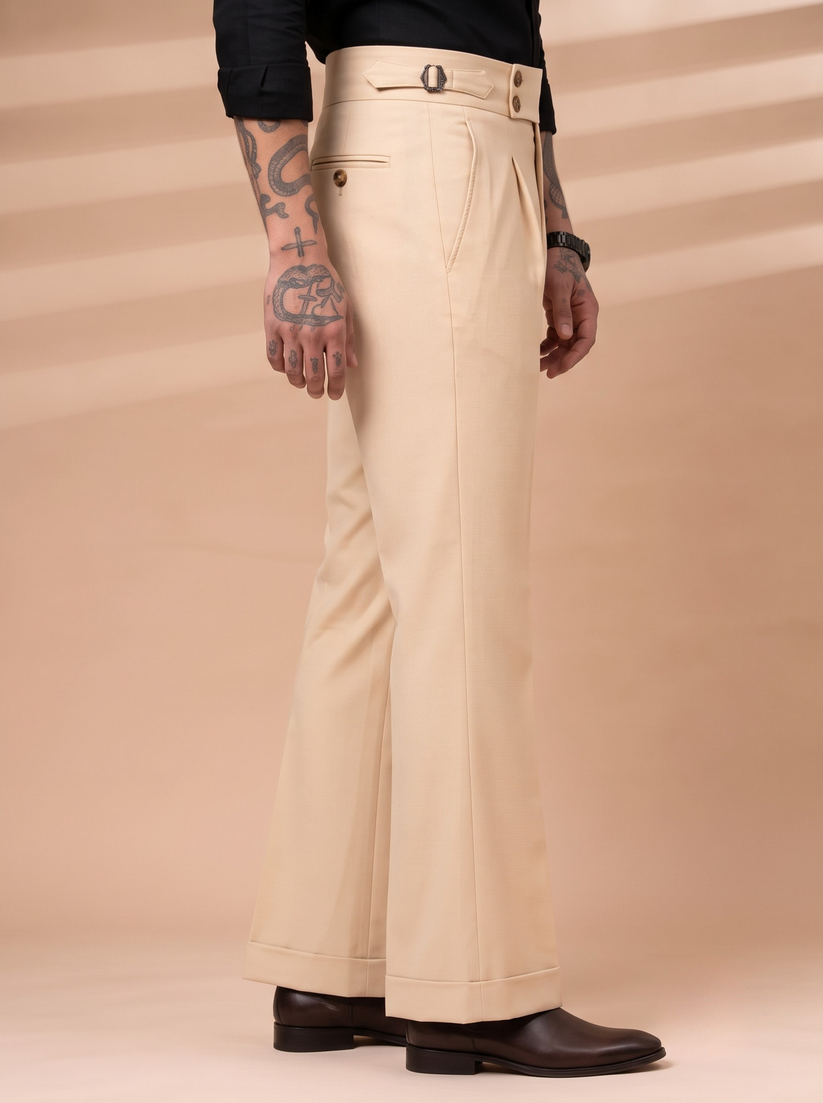 Cream Double Button Bootcut Gurkha Pant