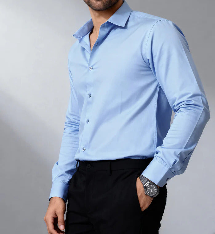 Cool Blue Satin Cotton Shirt For Men